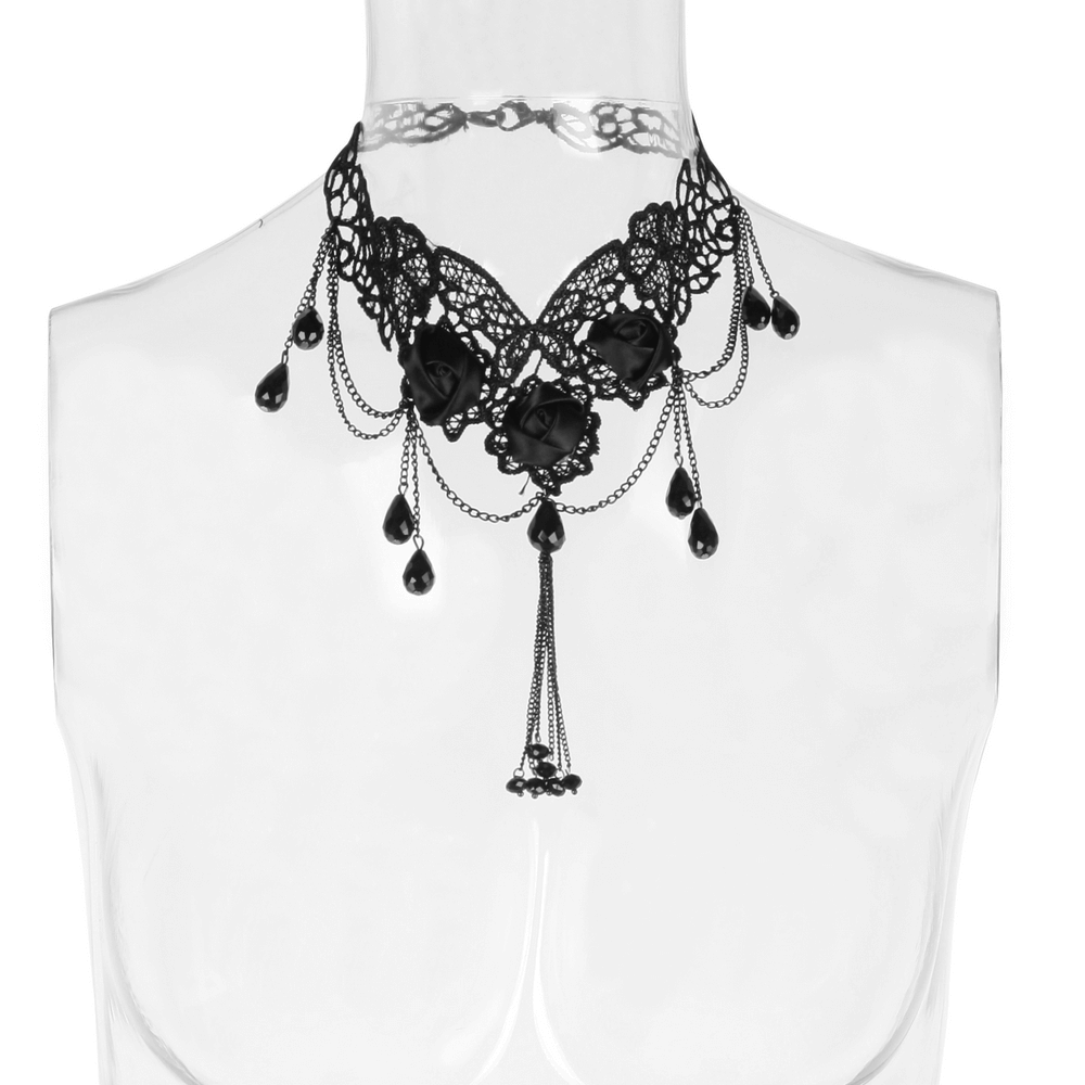 Elegant black lace choker with floral roses and drop details, perfect for gothic fashion lovers.