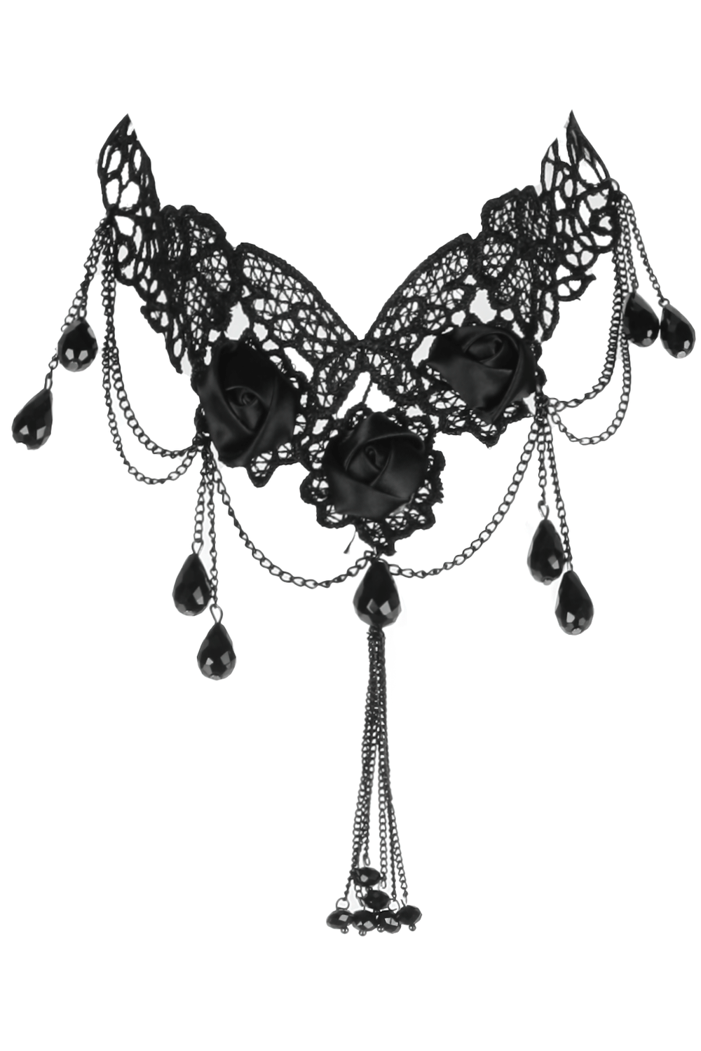 Elegant black lace choker with floral roses and drop details, perfect for Gothic-inspired fashion.
