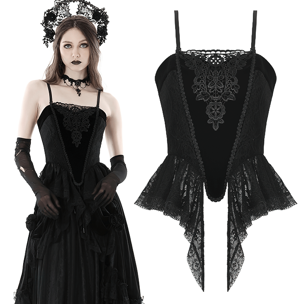 Elegant black lace corset top with floral detailing, perfect for gothic-inspired evening wear.