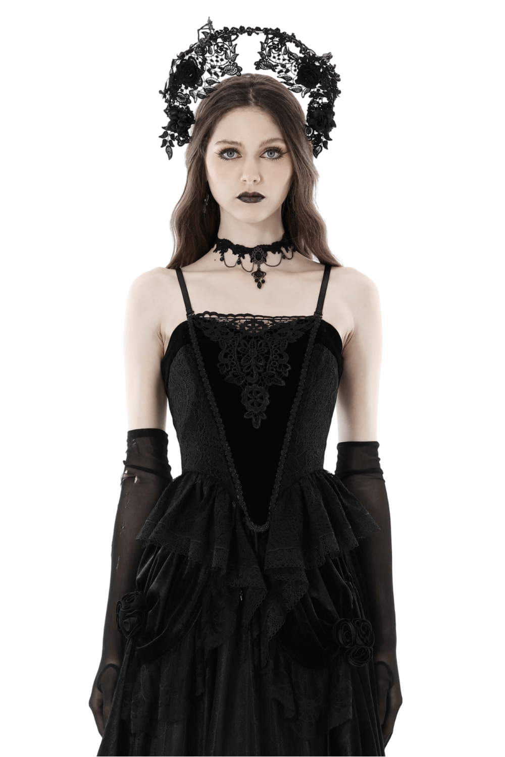 Elegant model in black lace corset top and gothic accessories, showcasing floral detail and sophistication.