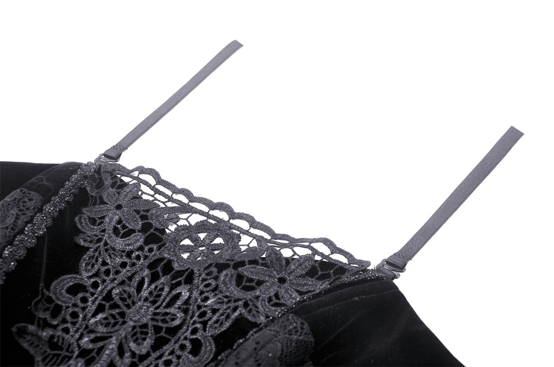 Elegant black lace corset top with floral detail and delicate straps, perfect for evening wear.