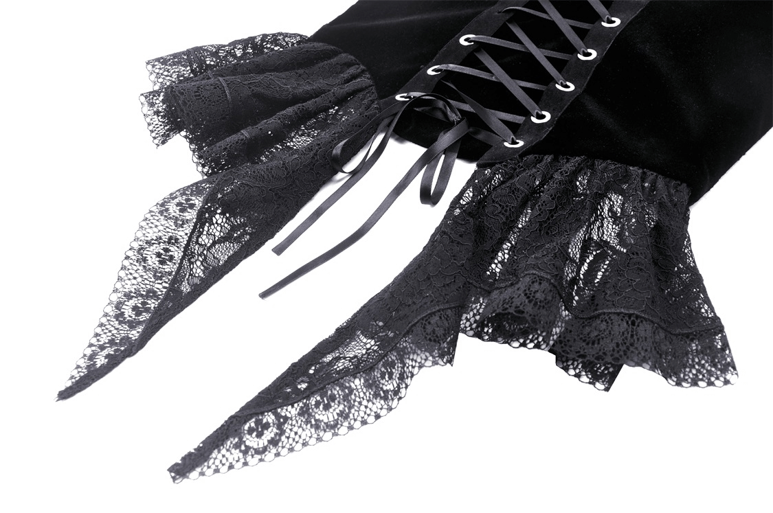 Elegant black lace corset top featuring intricate floral details and lace ruffle accents, perfect for evening wear.