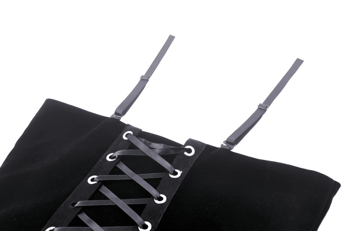 Elegant black lace corset top featuring intricate lacing and sleek straps, perfect for a gothic-inspired evening look.