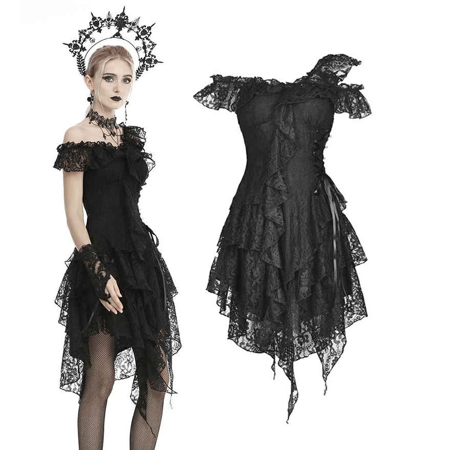 Elegant black lace dress with ruffles, sheer overlay, and ribbon accents, perfect for dark romantic occasions.
