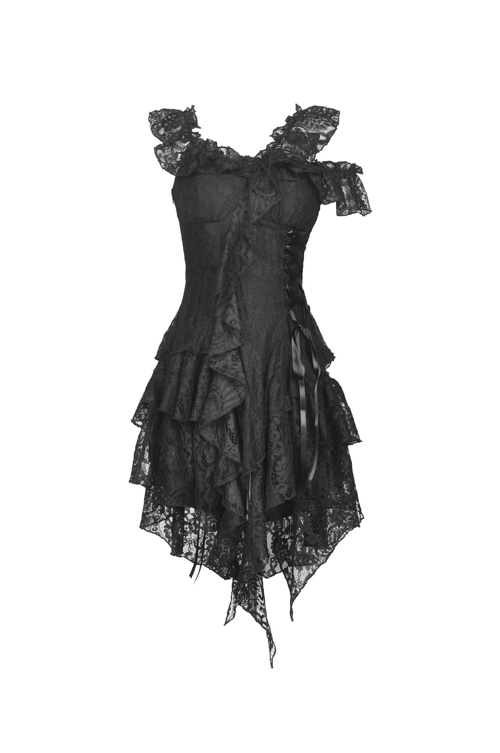 Elegant black lace dress with ruffles and sheer overlay, perfect for romantic evenings and dark cabaret nights.