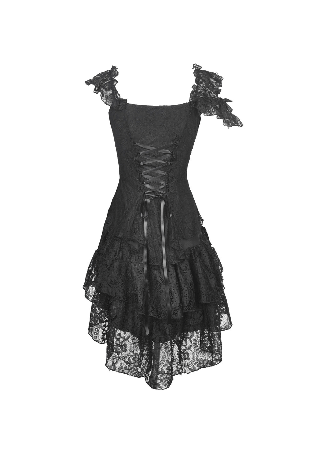 Elegant black lace dress with ribbon accents and ruffles, featuring a sheer overlay and fitted bodice.