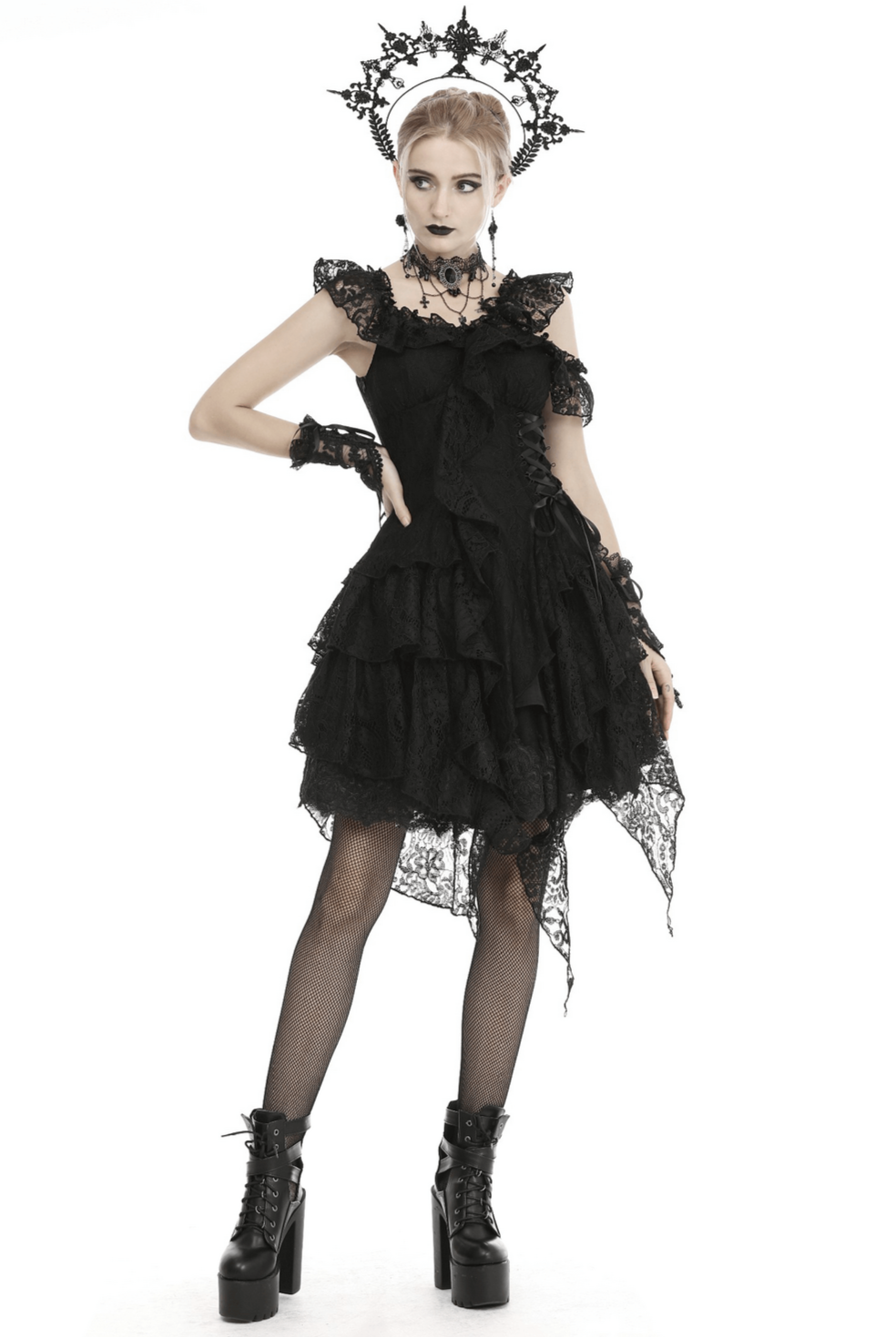 Elegant black lace dress with ruffles, sheer overlay, and ribbon accents, perfect for dark romantic occasions.