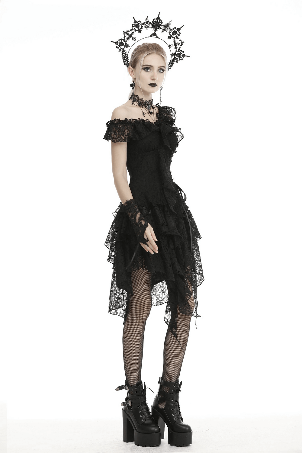 Elegant black lace dress with ruffles, sheer overlay, and gothic accessories for a dark romantic look.