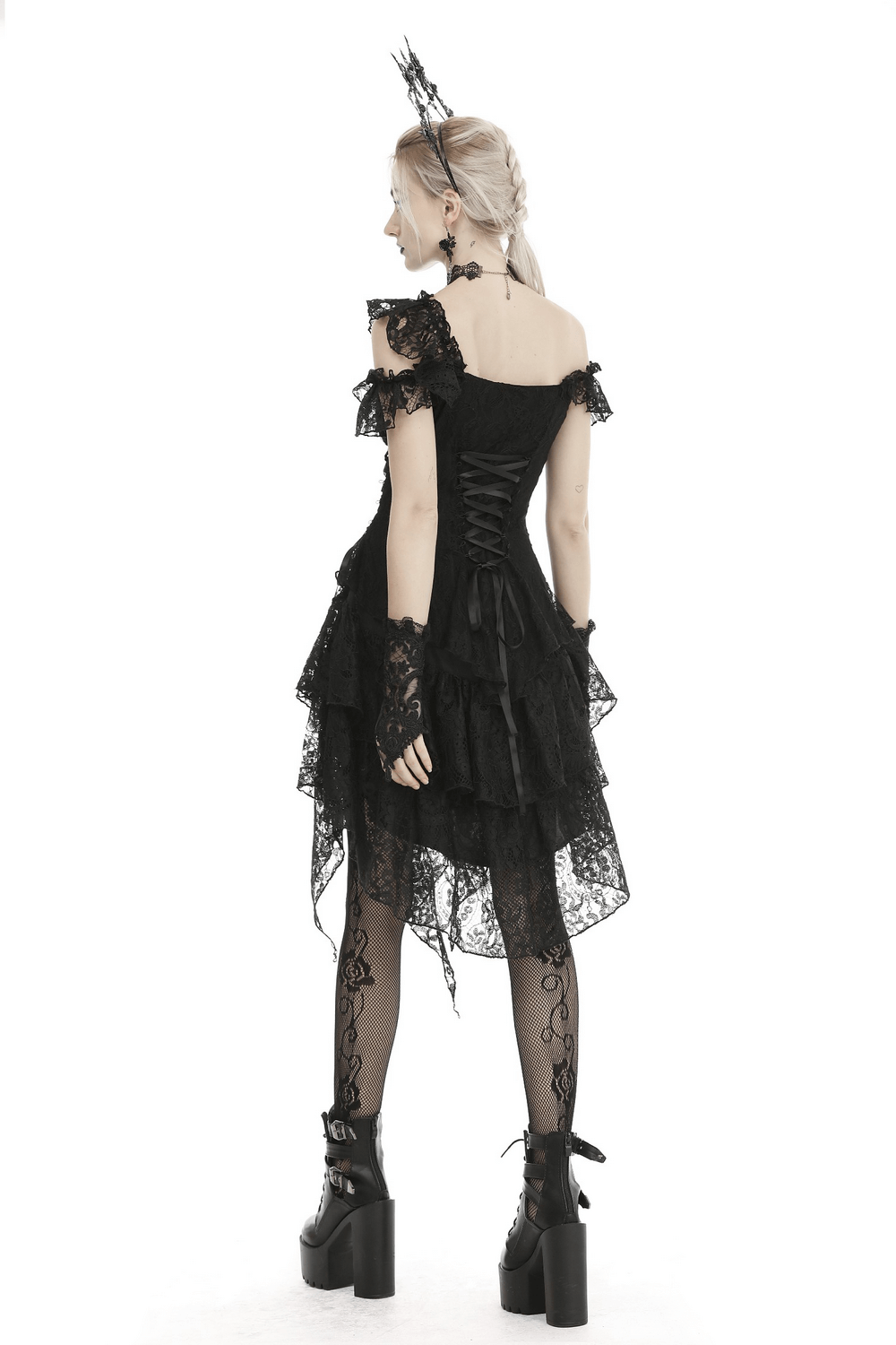 Elegant black lace dress with ruffles and sheer overlay, perfect for dark romantic occasions.