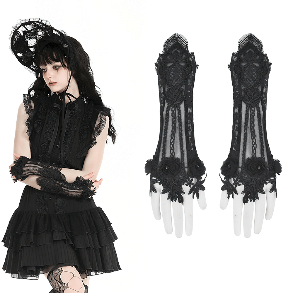 Elegant black lace fingerless gloves with floral design, perfect for evening wear or bridal accessories.