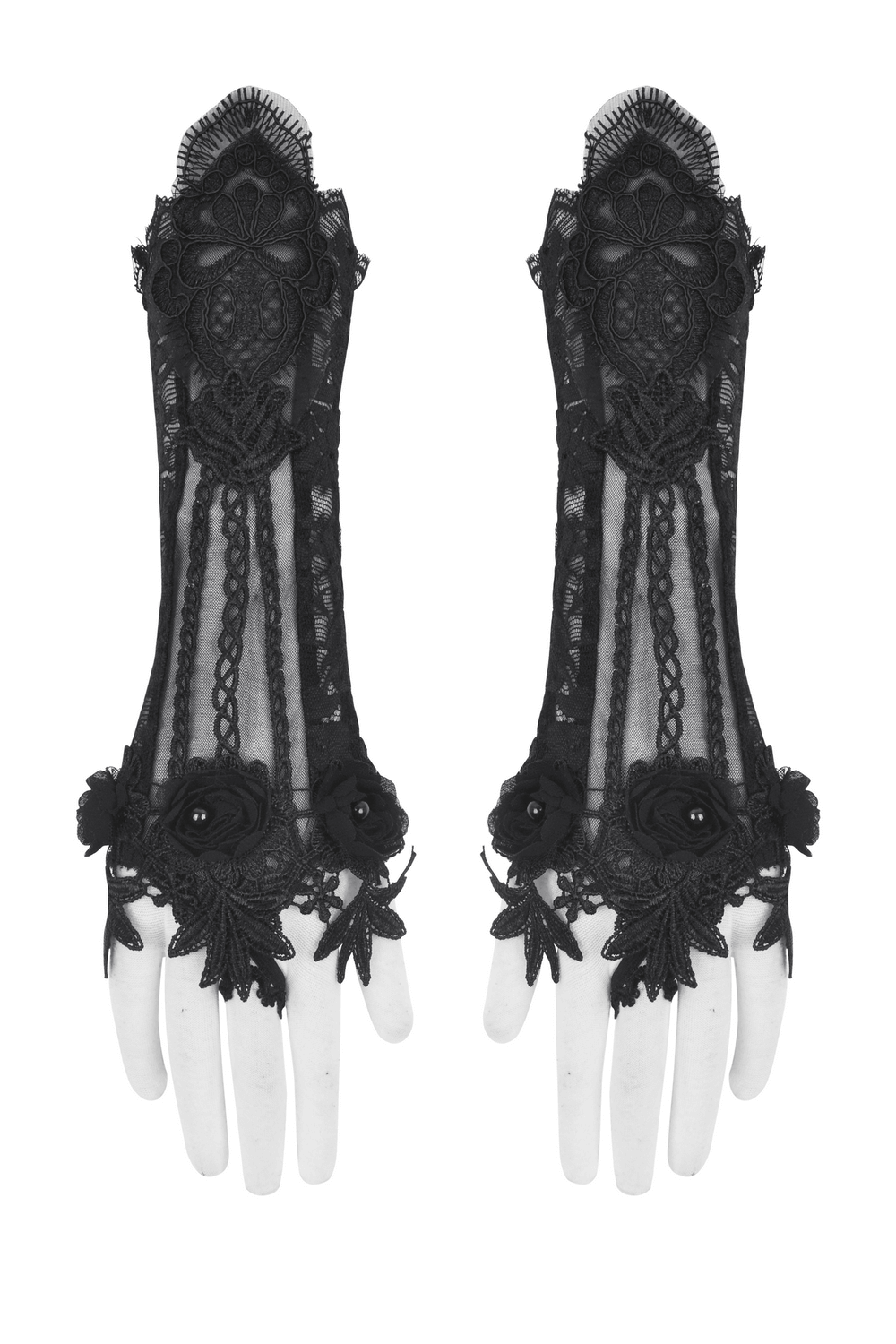 Elegant black lace elbow-length fingerless gloves with floral design and scalloped edges.
