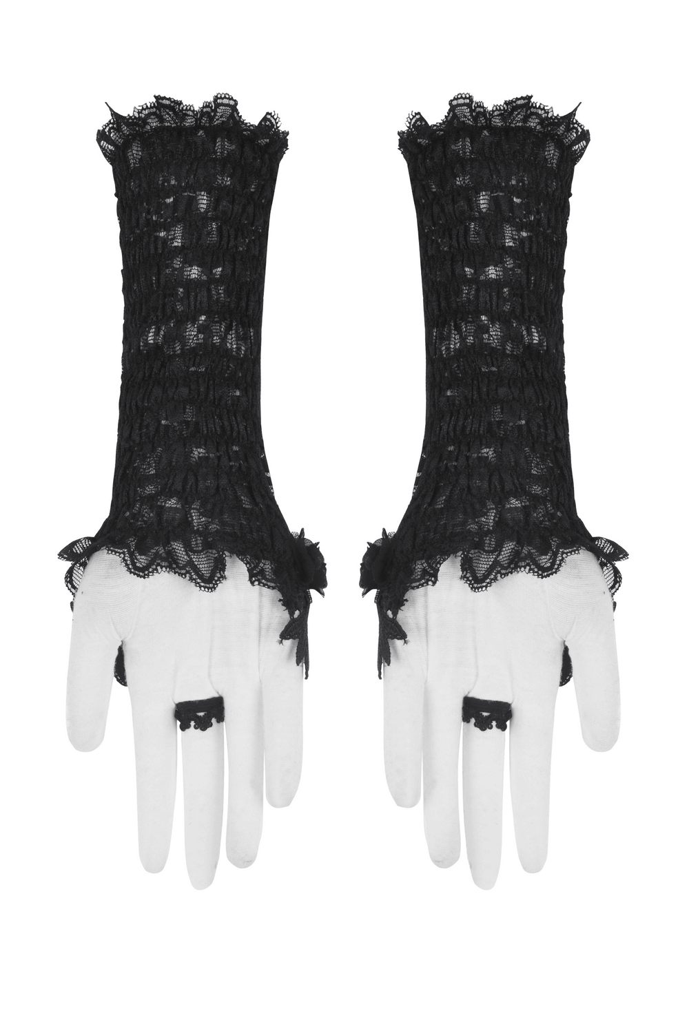 Elegant black lace elbow-length fingerless gloves with scalloped edges, perfect for bridal and evening wear.