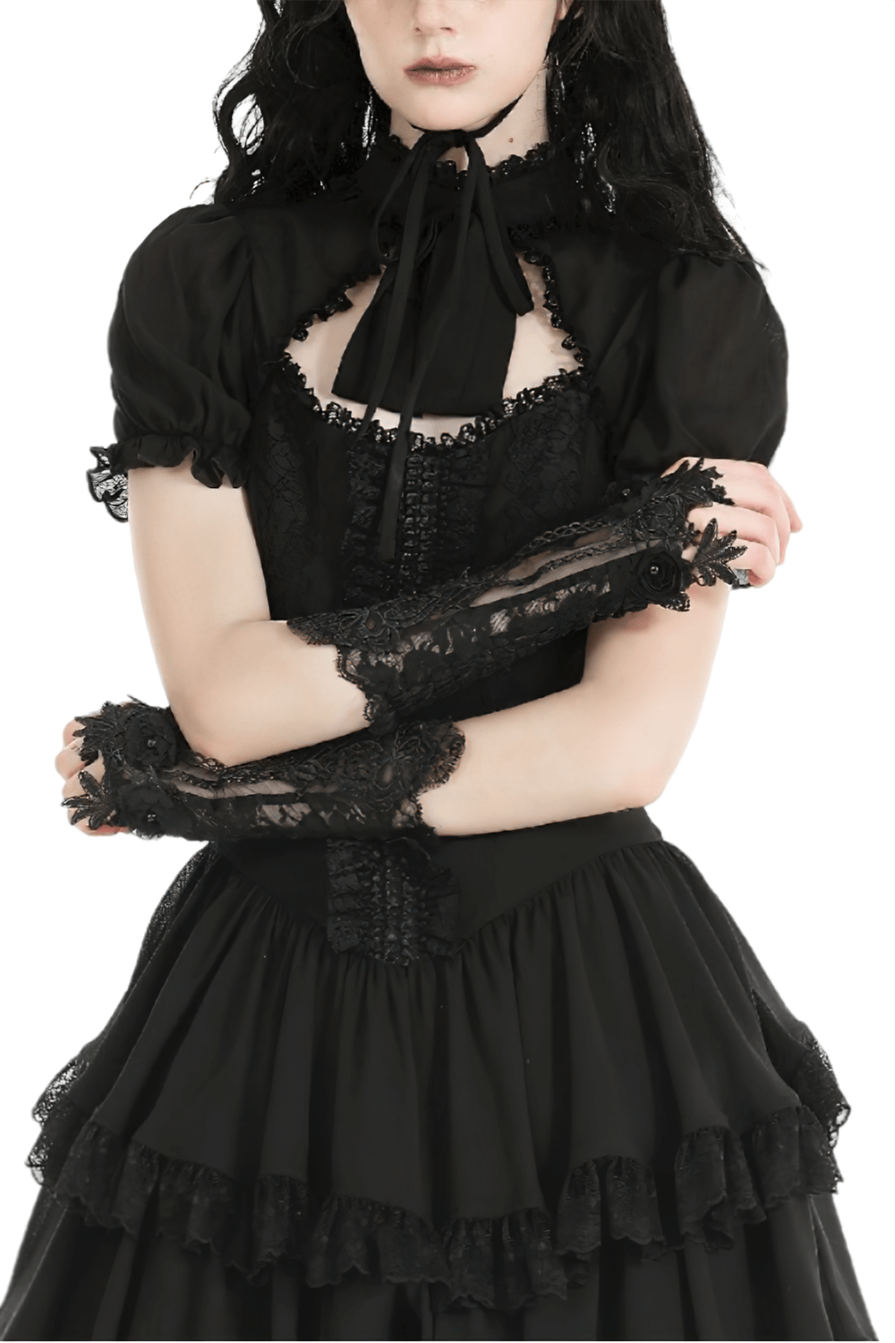 Elegant black lace elbow-length gloves and stylish black outfit, perfect for evening wear or bridal attire.