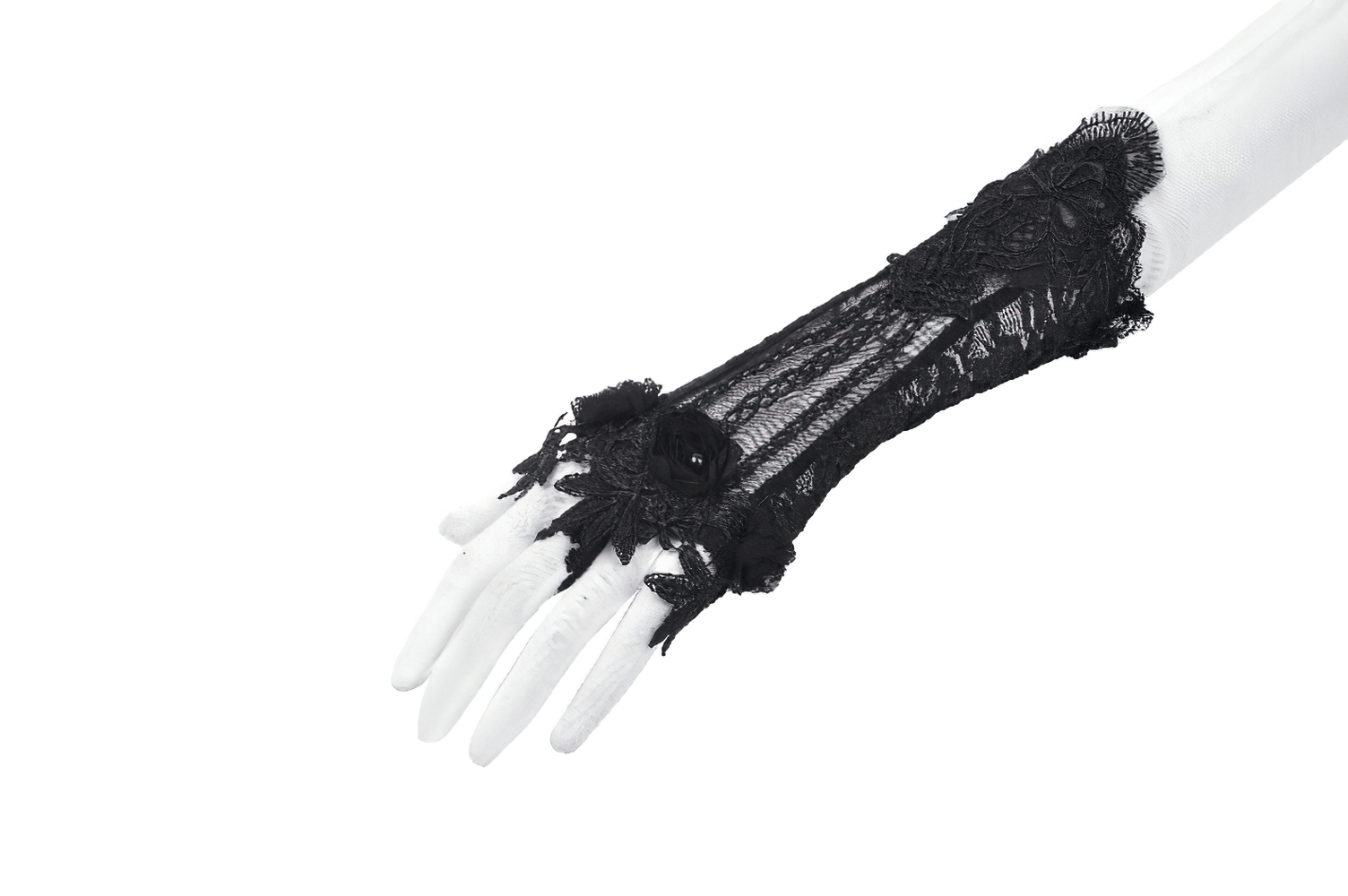 Elegant black lace elbow-length fingerless gloves with floral design, perfect for bridal wear and evening events.