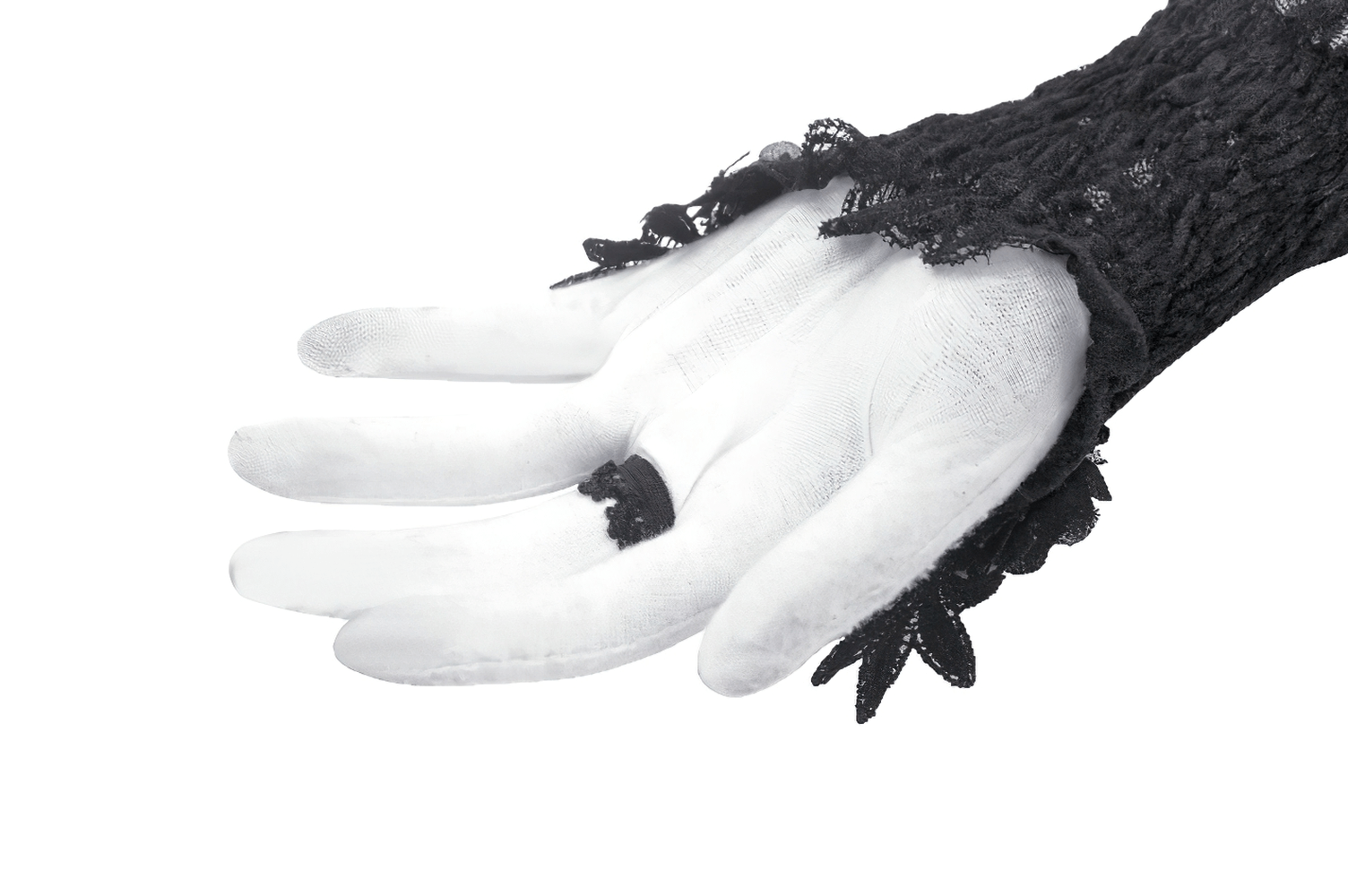 Elegant black lace elbow-length evening gloves with floral design for bridal and formal occasions.