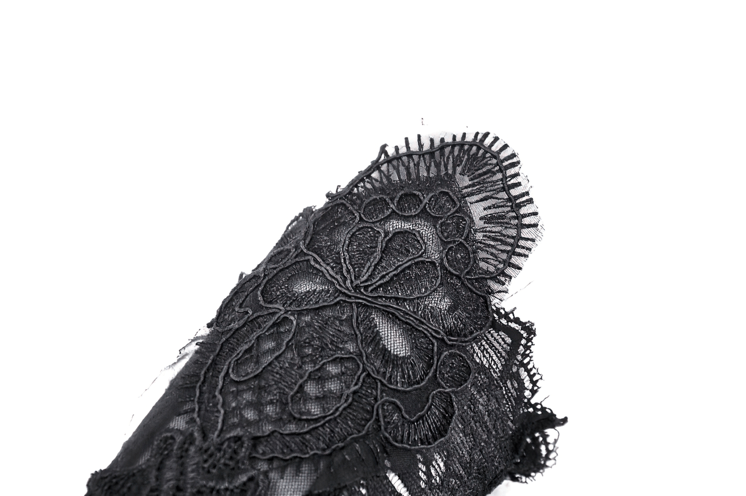 Elegant black lace detail with floral design and scalloped edges perfect for evening gloves.
