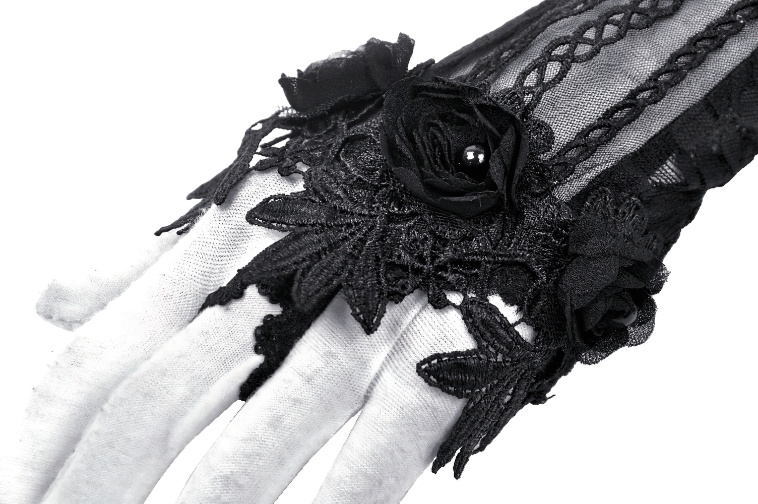 Elegant black lace elbow-length gloves adorned with floral designs for a chic, sophisticated look.