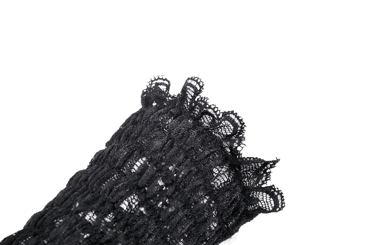 Elegant black lace elbow-length glove with scalloped edges and floral design, ideal for evening wear or bridal occasions.