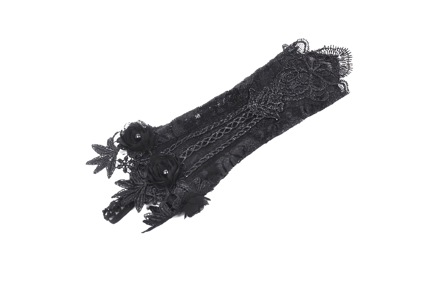 Elegant black lace elbow-length fingerless gloves with floral design, perfect for evenings and bridal wear.