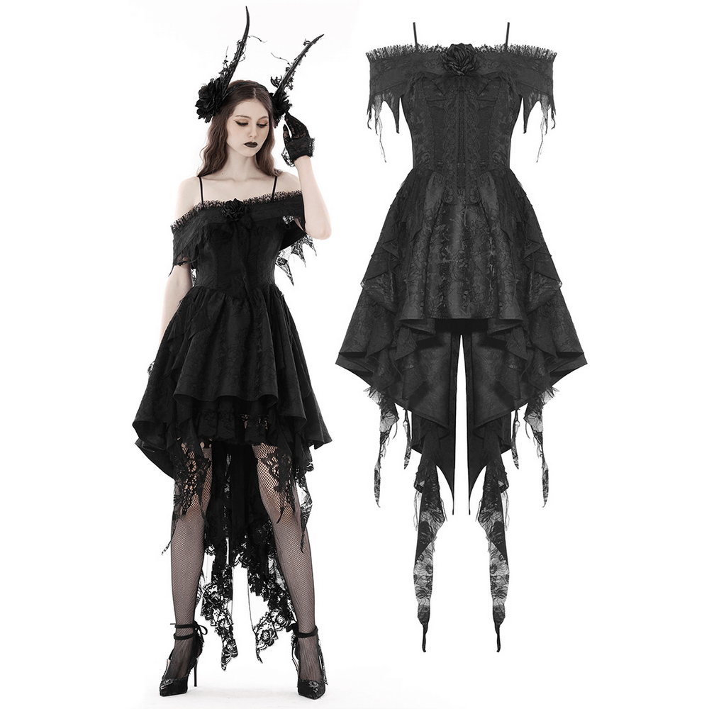Elegant black lace evening dress with asymmetrical hem, featuring floral lace detailing for gothic-inspired style.