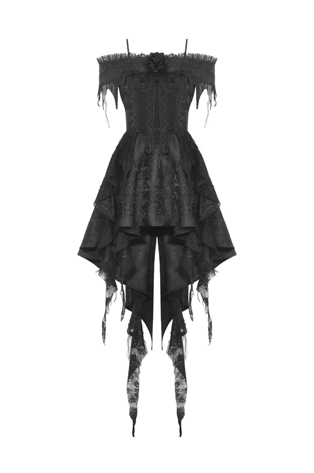 Elegant black lace evening dress with asymmetrical hem and floral detailing, perfect for gothic-inspired occasions.