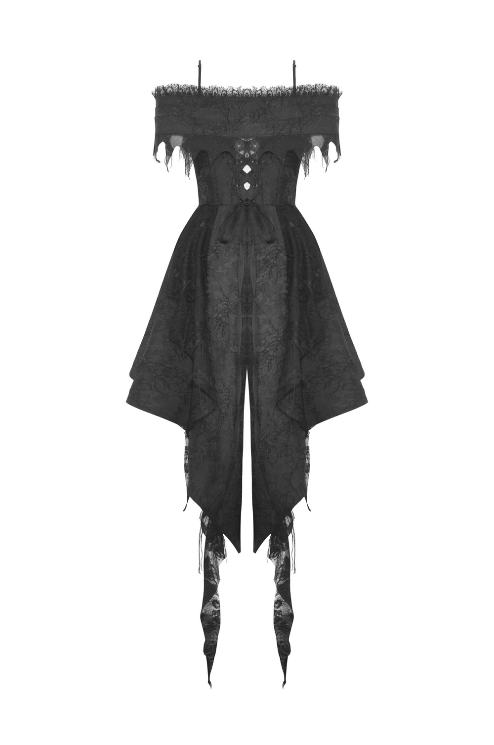 Elegant black lace evening dress with asymmetrical hem and floral detailing, perfect for gothic-inspired occasions.