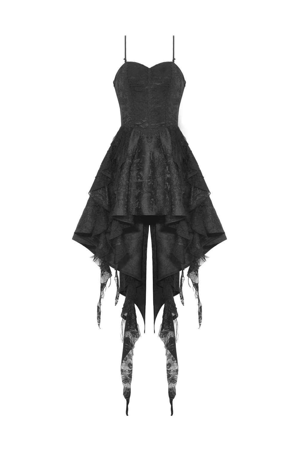 Gothic-inspired black lace evening dress with asymmetrical hem and floral detailing, perfect for elegant occasions.