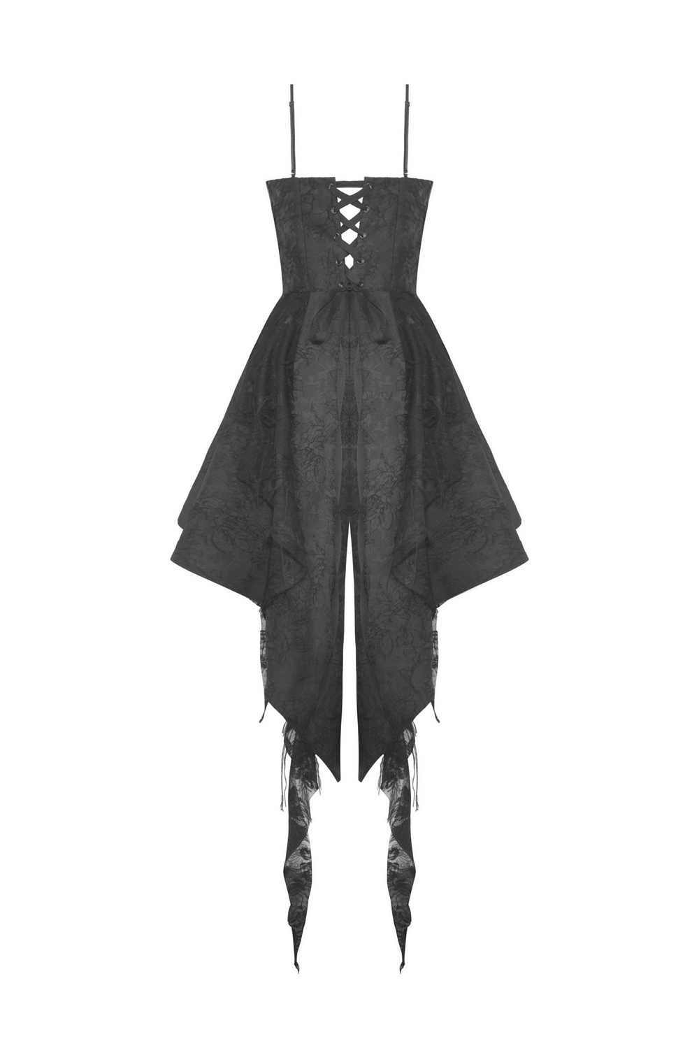 Elegant gothic black lace evening dress with asymmetrical hem and floral detailing, perfect for special occasions.