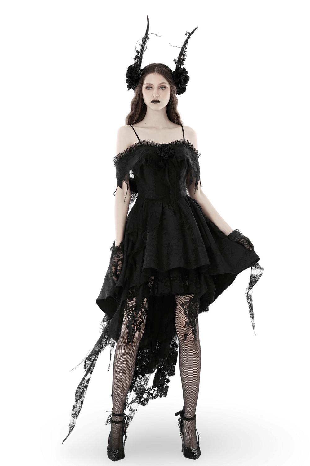 Elegant black lace evening dress with asymmetrical hem and floral detailing, perfect for gothic-inspired occasions.