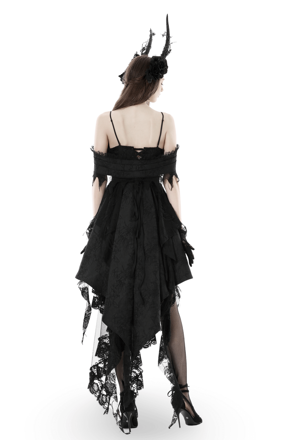 Elegant black lace evening dress with asymmetrical hem and gothic-inspired floral details.