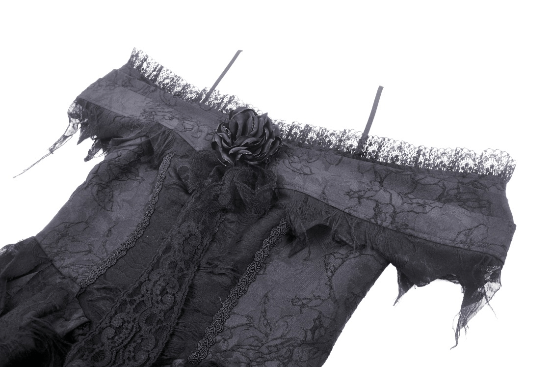 Elegant black lace evening dress featuring floral detailing and an asymmetrical hem, perfect for gothic-inspired style.