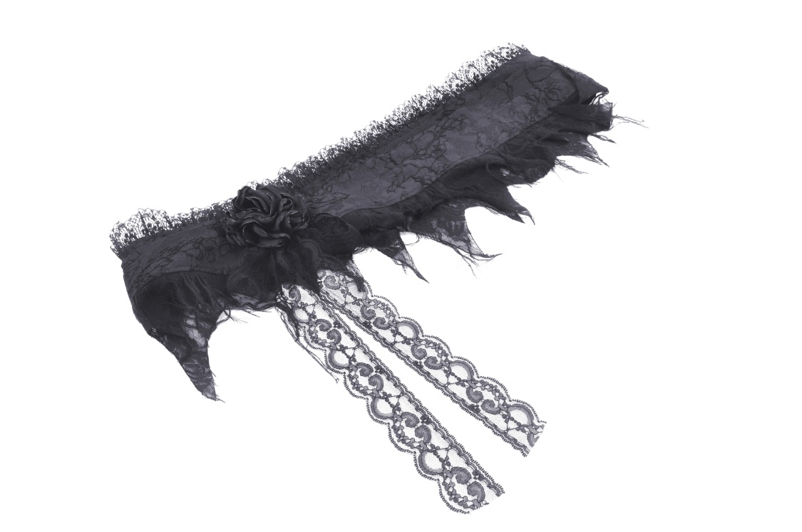 Elegant black lace choker with floral embellishment and intricate lace detailing.