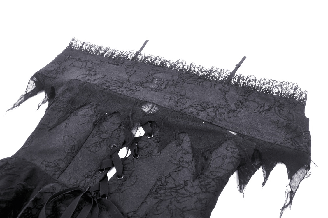 Elegant black lace dress featuring floral detailing and asymmetrical design, perfect for gothic-inspired evening events.