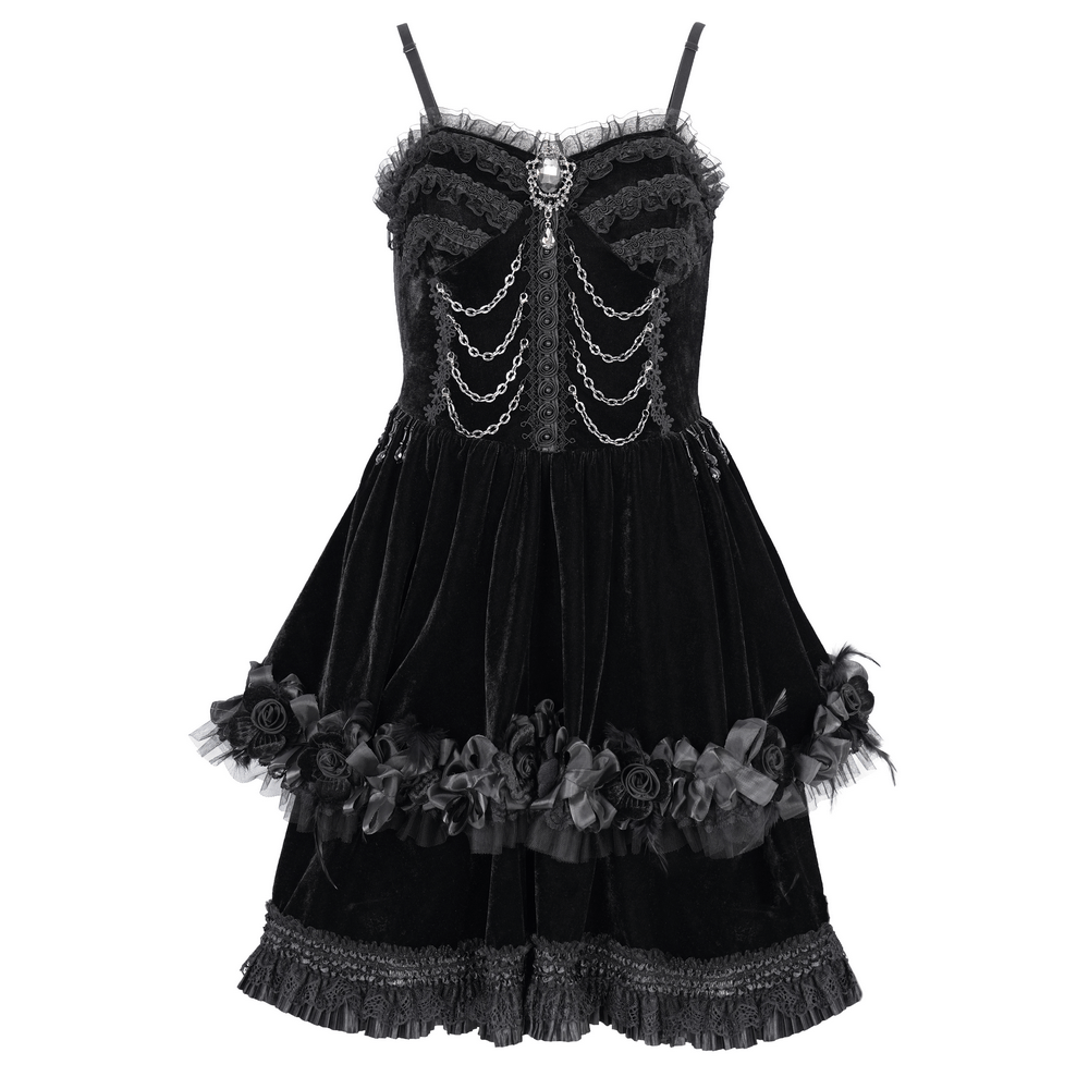 Elegant black lace evening dress with bead and chain details, featuring floral accents and chic sleeveless design for a glamorous look.