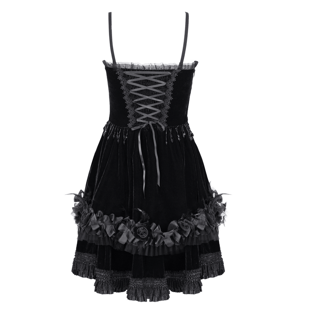 Elegant black lace evening dress with floral accents and beadwork, featuring a chic sleeveless design and back chain detail.