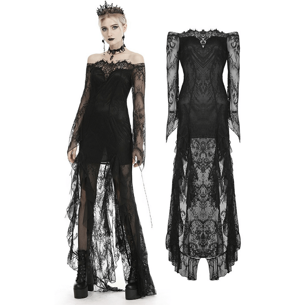 Elegant black lace evening gown with gothic flair, featuring off-shoulder design and flowing skirt.