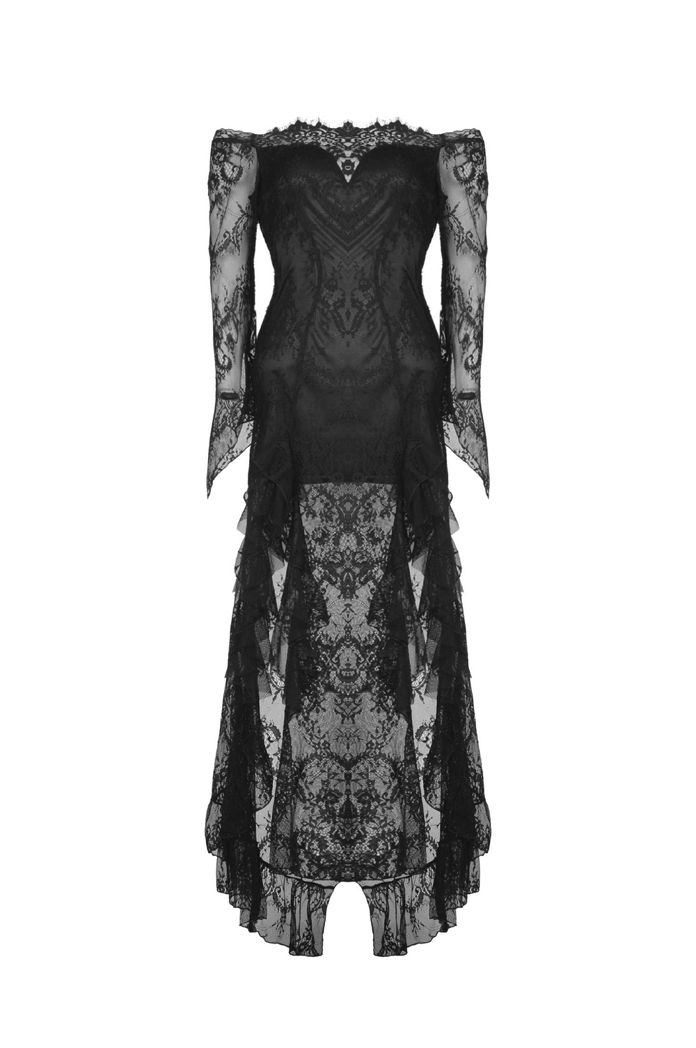 Elegant black lace evening gown with gothic flair and intricate detailing, featuring long sleeves and an off-shoulder design.