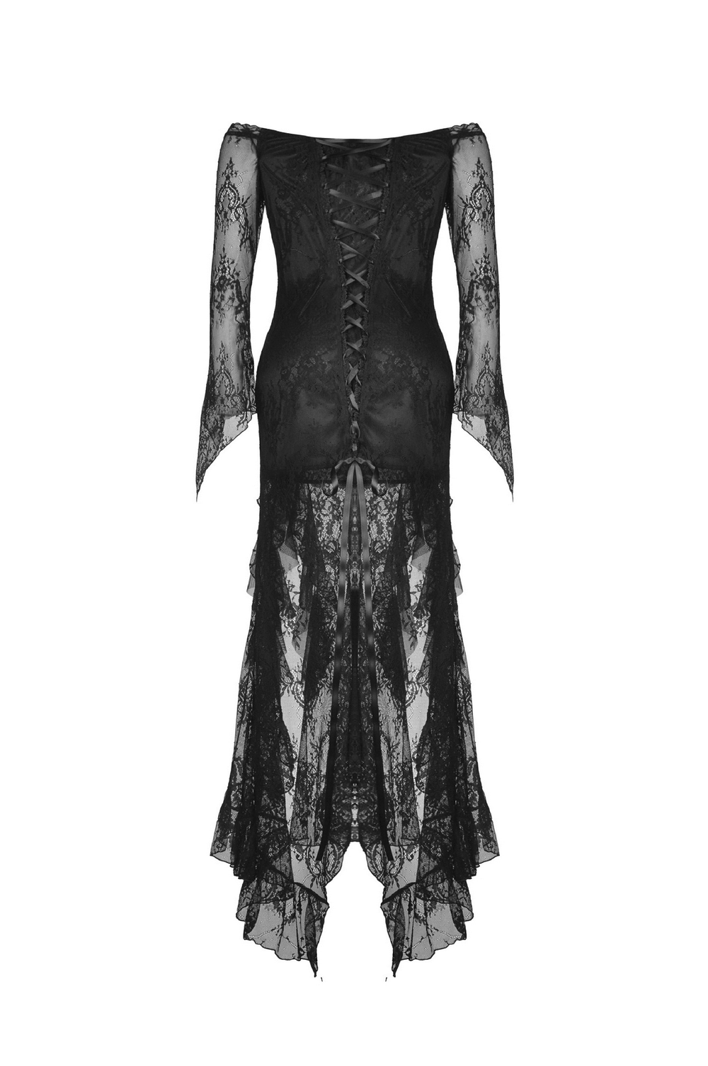 Back view of an elegant black lace evening gown with gothic flair, featuring intricate detailing and flowing skirt.