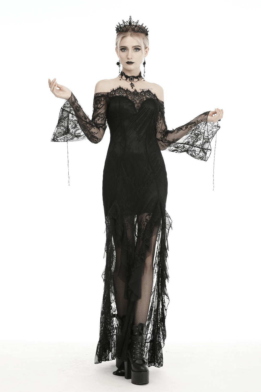 Elegant black lace evening gown with off-shoulder design and gothic flair, perfect for formal occasions.
