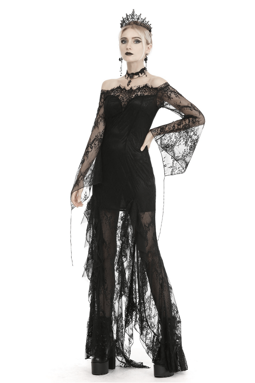 Elegant black lace evening gown with off-shoulder design and gothic flair, perfect for dramatic occasions.