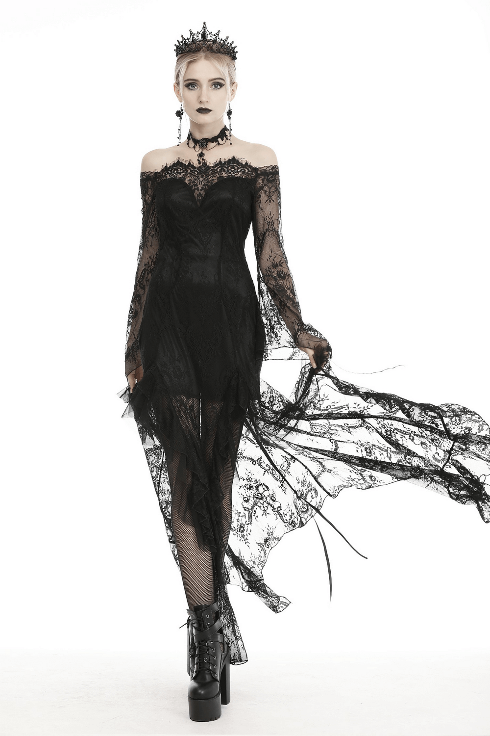 Elegant black lace evening gown with gothic flair, featuring off-shoulder design and dramatic flowing skirt.