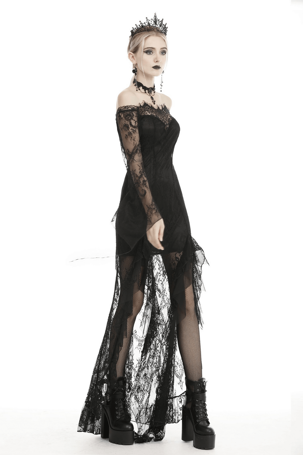Elegant black lace gown with off-shoulder design, dramatic flowing skirt, and gothic flair.