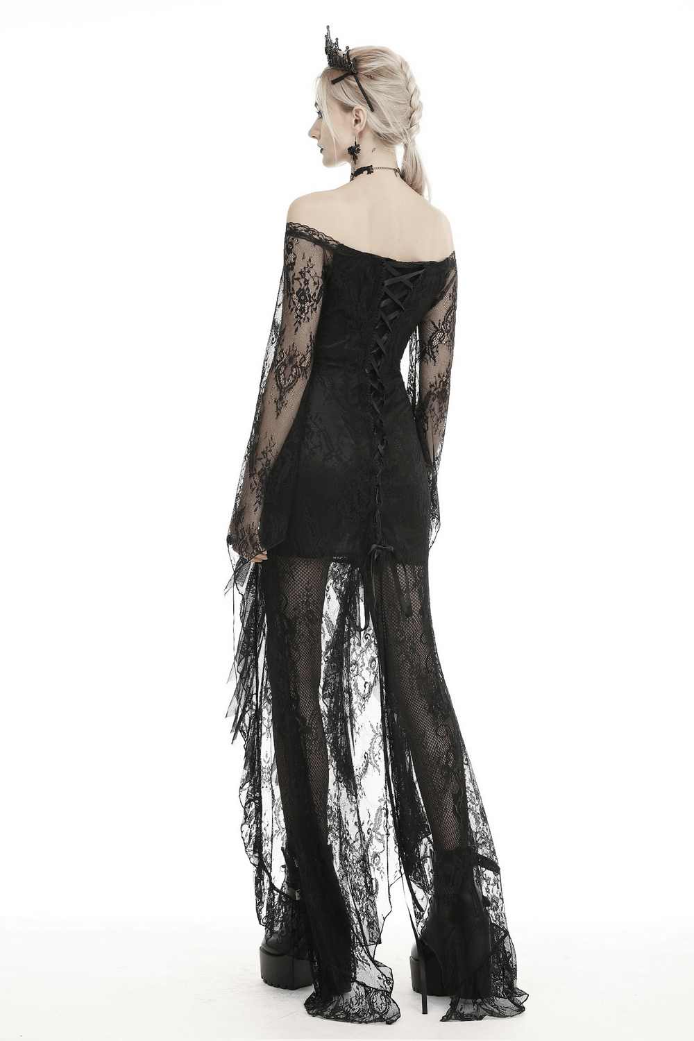 Elegant black lace evening gown with gothic flair, featuring off-shoulder design and flowing skirt.