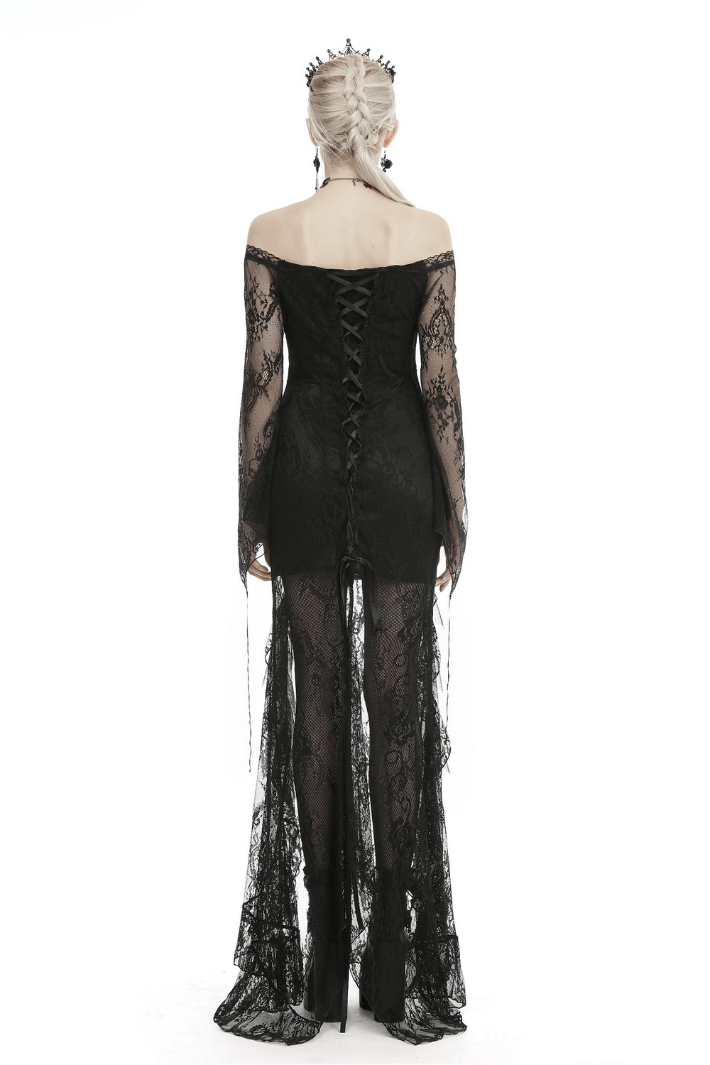 Elegant black lace evening gown with gothic flair, showcasing intricate lace back detailing and an off-shoulder design.