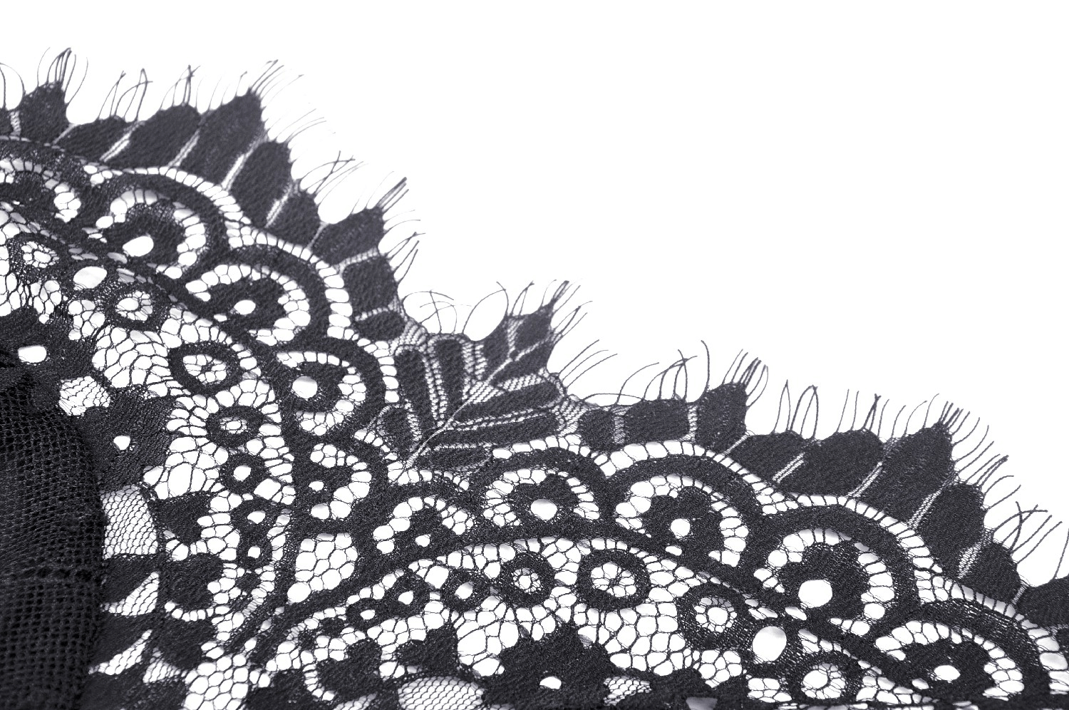 Close-up of intricate black lace detailing, showcasing elegant gothic floral patterns.