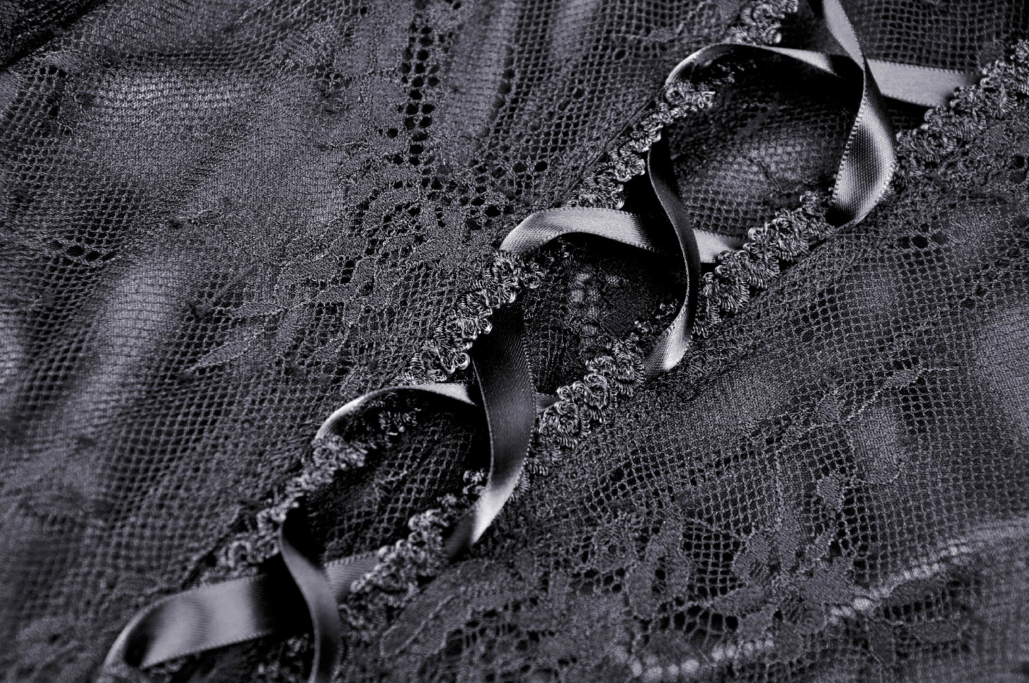 Close-up of intricate black lace fabric with satin ribbons, showcasing gothic elegance and dramatic flair.