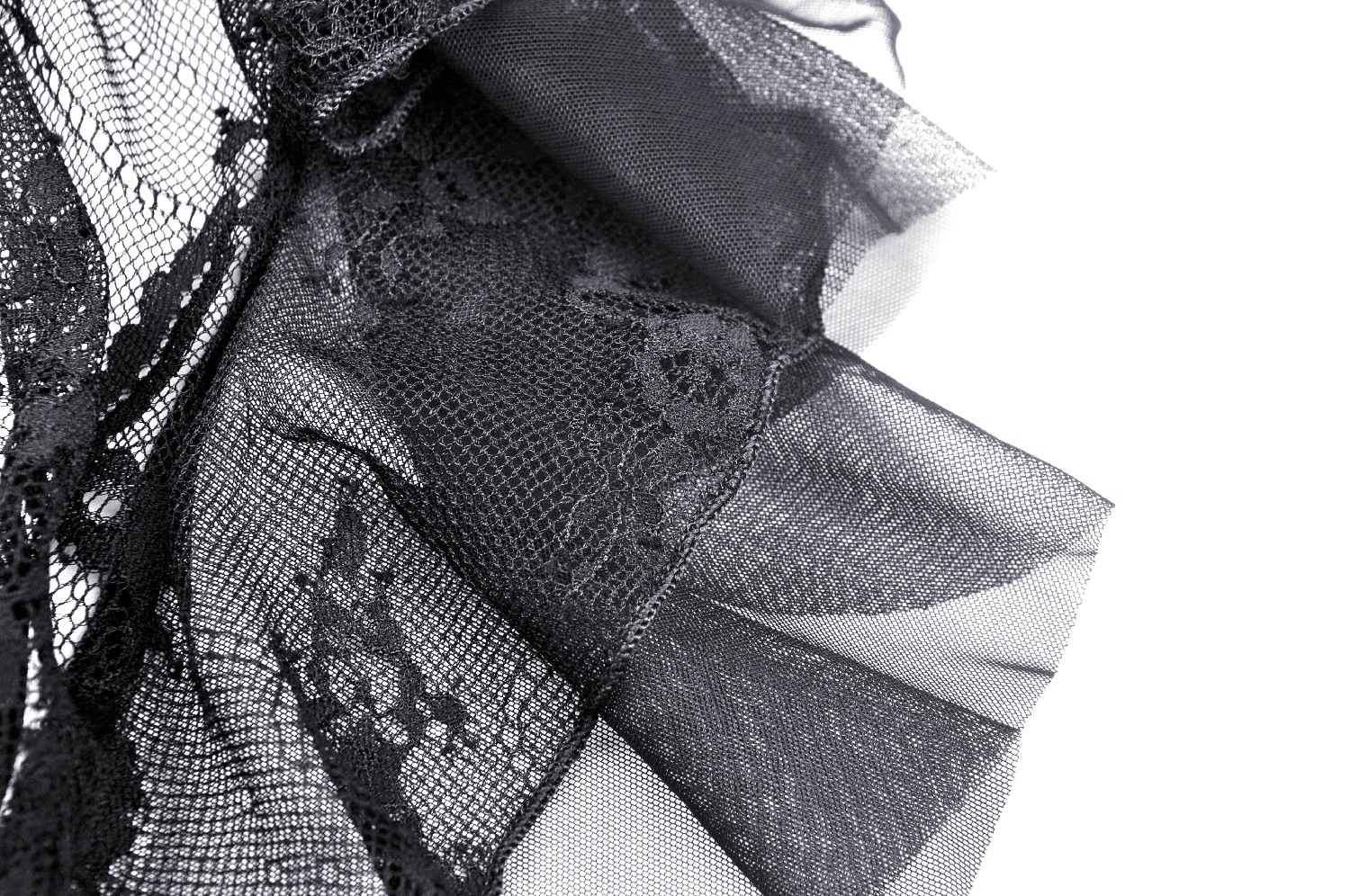 Intricate black lace fabric showcasing delicate textures for an elegant evening gown with gothic flair.