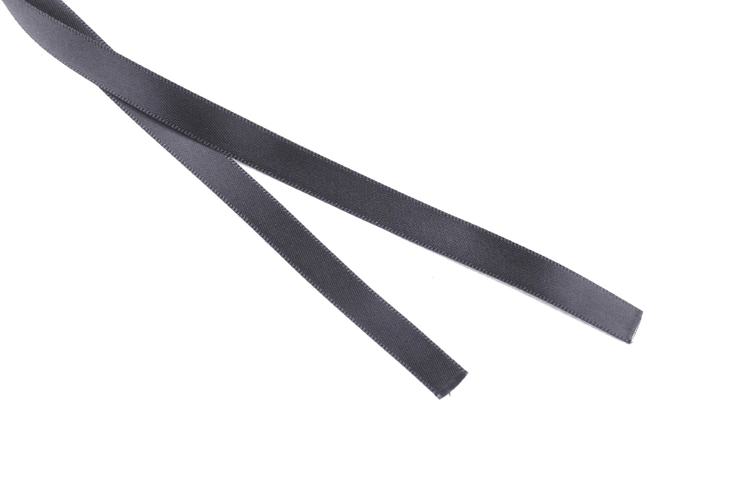 Black satin ribbon set against a white background, perfect for crafting, tailoring, or decorating your elegant creations.