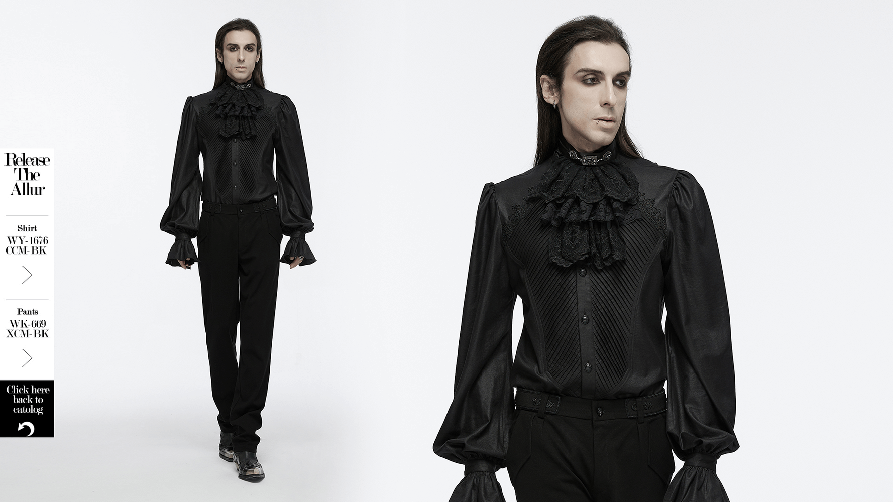 Elegant model in a dramatic black Gothic shirt with ruffled collar and billowing sleeves, perfect for a Victorian-inspired look.