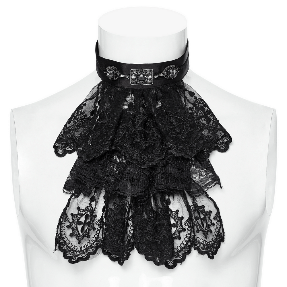 Elegant black lace gothic collar with Victorian details, featuring layered design and ornate vintage buttons.